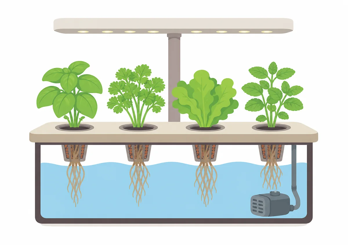 A compact countertop hydroponic garden with an integrated light and reservoir