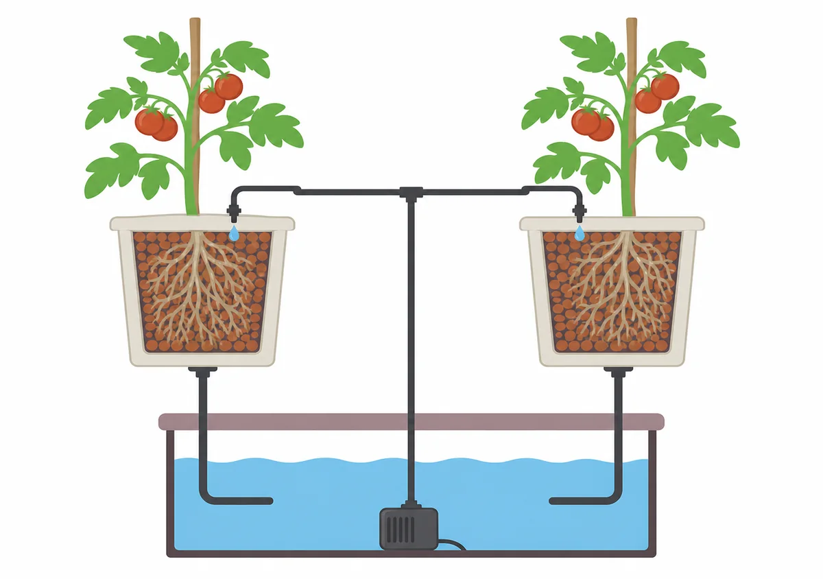A Dutch bucket hydroponic system drip-feeding two supported fruiting plants