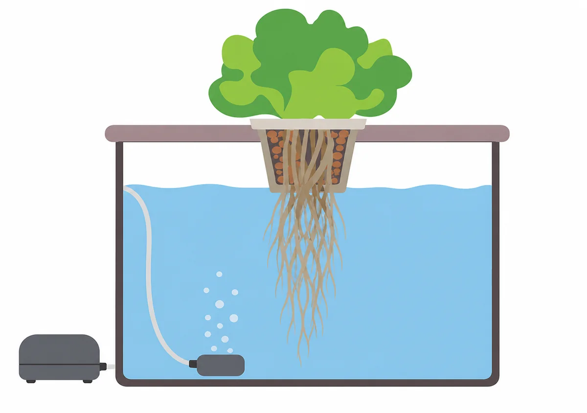 A deep water culture container aerating plant roots with an air stone