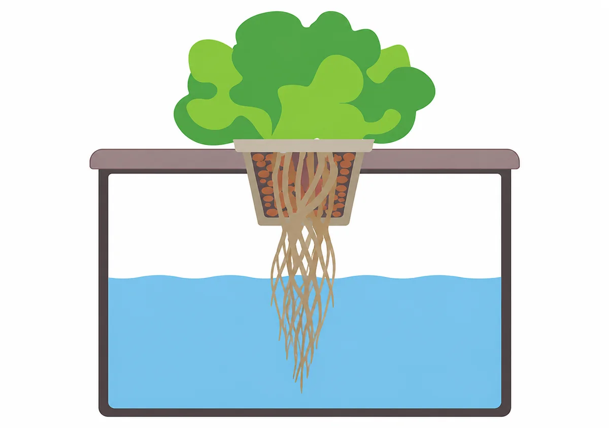 A Kratky hydroponic container with leafy greens and roots reaching into nutrient water