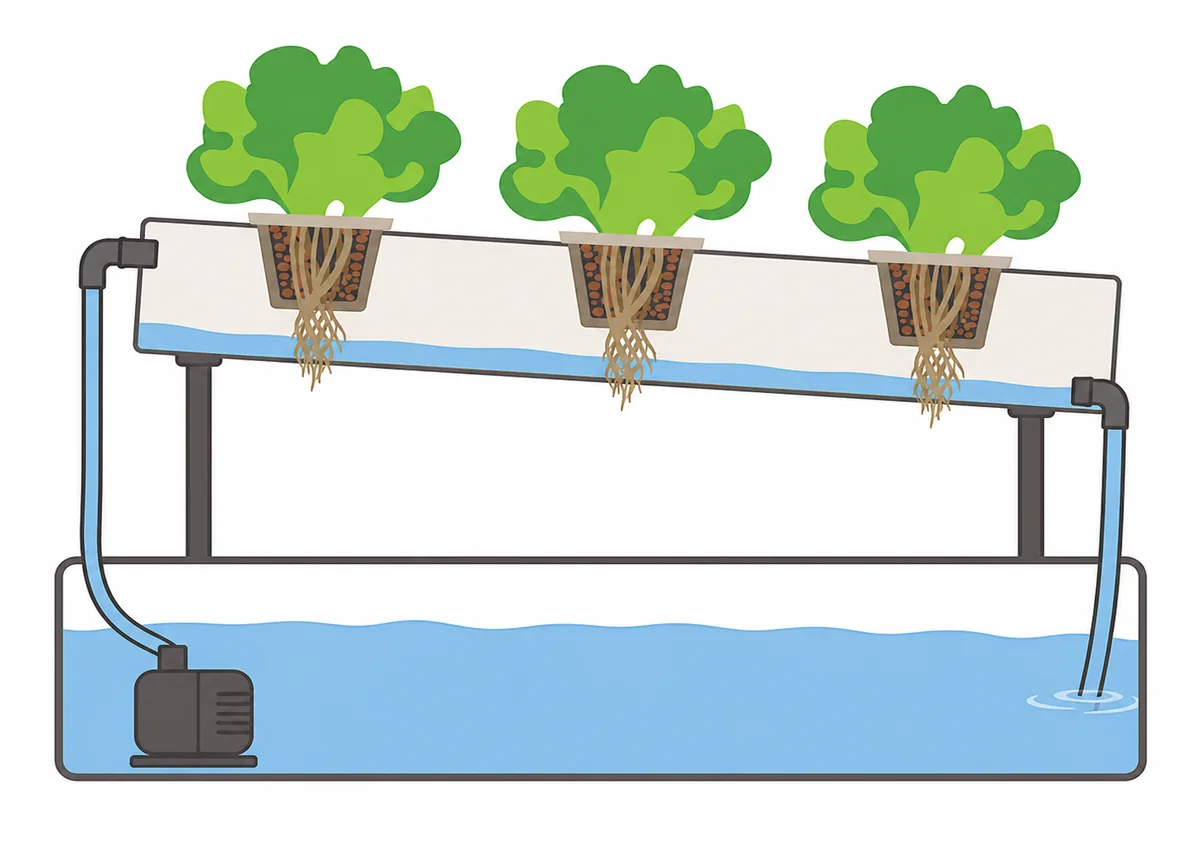 An NFT channel carrying a shallow film of nutrient water beneath plant roots
