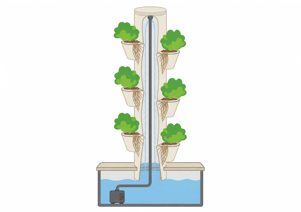 A vertical hydroponic tower growing leafy plants around a central column